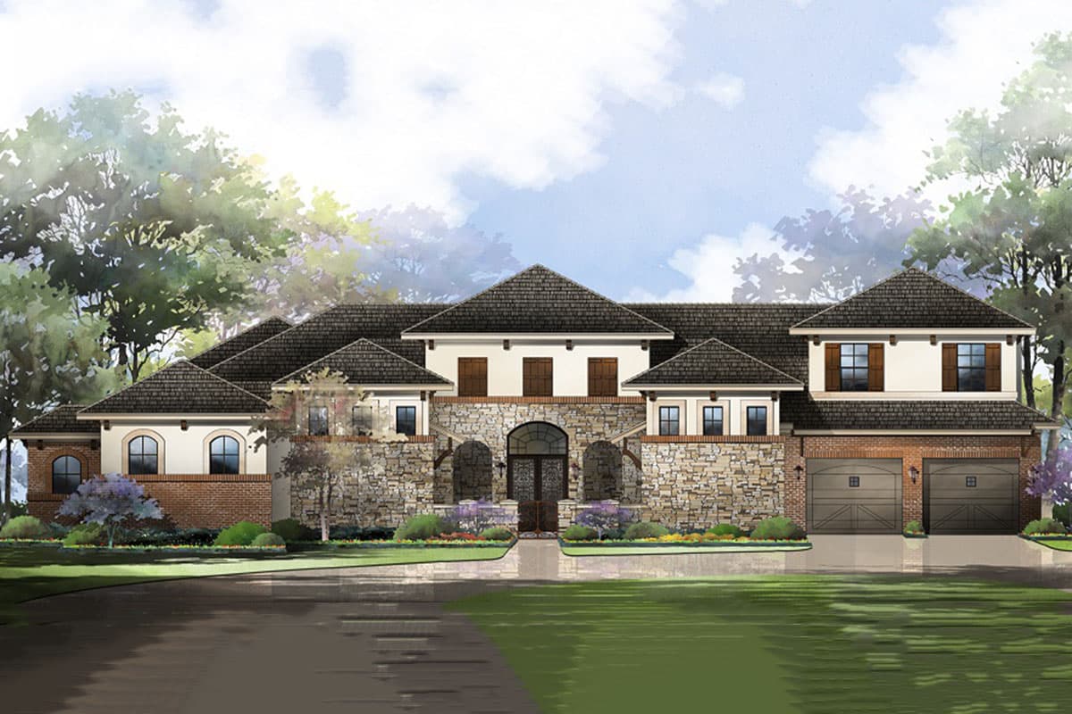 House plan exterior. Two-story Mediterranean style with stone and brick facade. Features include multiple gables, arched entry, and two-car garage.
