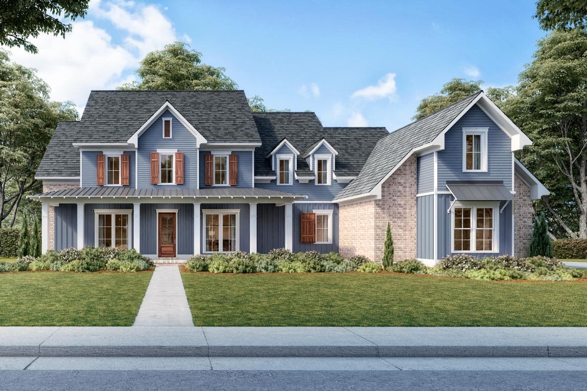 House plan exterior: Two-story Modern Farmhouse with gables, dormers, brick accents, and a covered front porch.