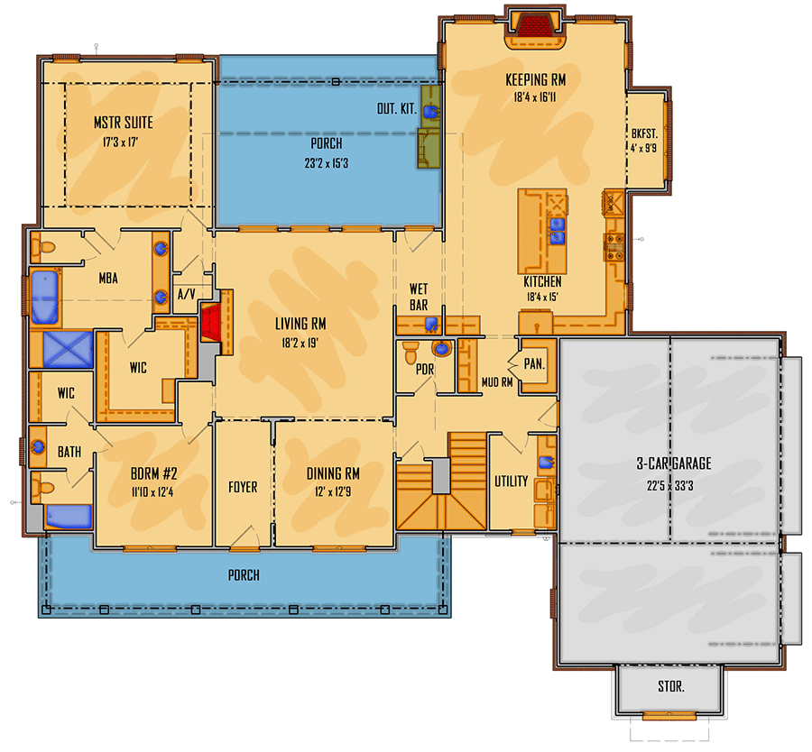 Plan 510148WDY: Farmhouse Plan with Keeping Room and an Outdoor Kitchen - 3741 Sq Ft - Floor Plan - Main Level - Country, Farmhouse, Modern Farmhouse, New American, Southern