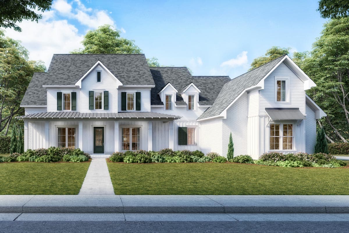 House plan exterior. Two-story Modern Farmhouse with a gabled roof, dormers, and a covered porch. Features include board and batten siding.