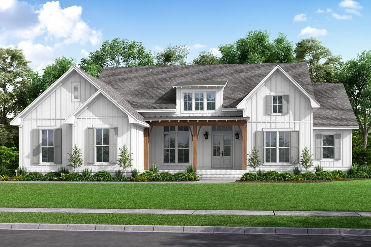 House plan exterior in farmhouse style. Two-story home with gabled roof, dormers, and front porch with exposed timber columns.