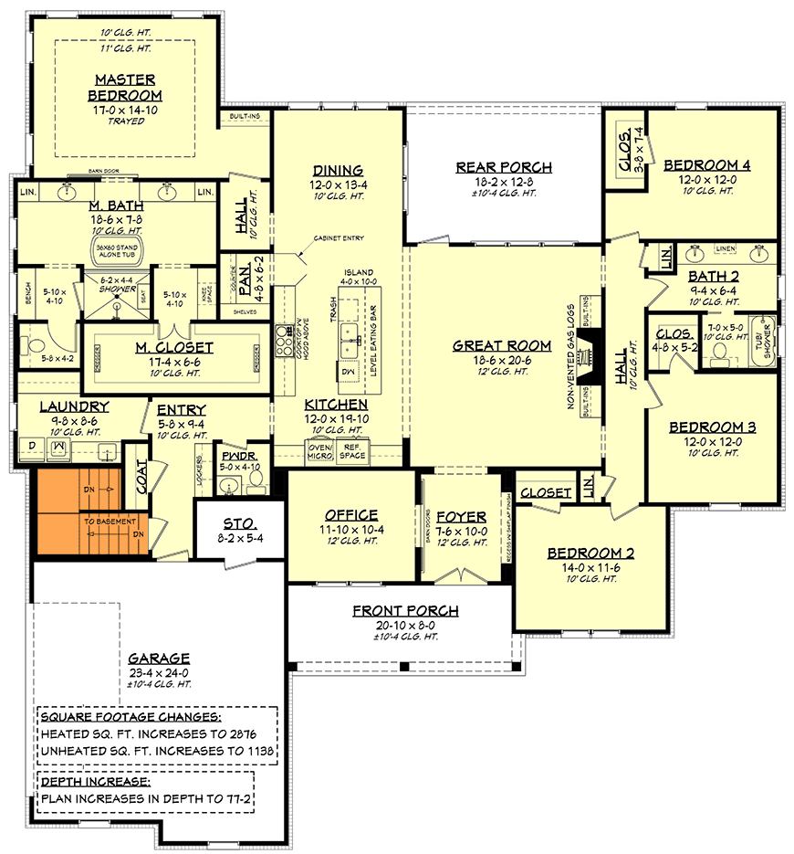 Plan 51834HZ: Elegant Modern Farmhouse Plan with Split Bedroom Layout - Floor Plan - Basement Stairs - Country, Farmhouse, Modern Farmhouse, New American
