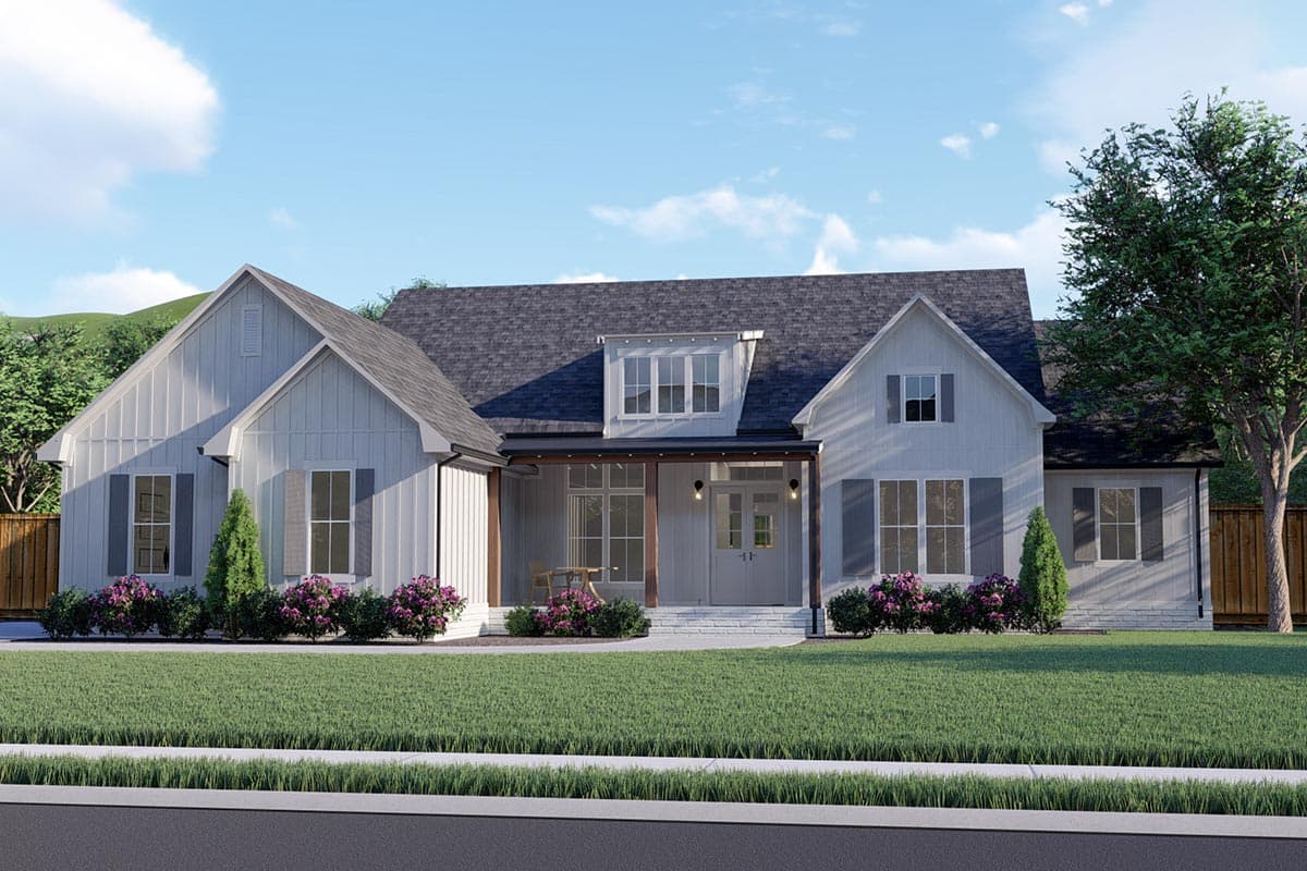 Modern Farmhouse house plan exterior with prominent gables, covered porch with timber posts, and a central dormer.