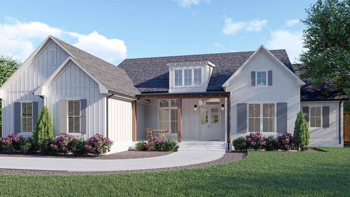 Modern Farmhouse house plan exterior with gables, dormer, covered porch with wood supports, and board and batten siding.