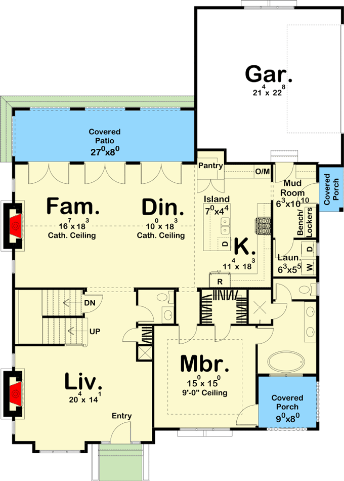 Plan 62870DJ: Modern Cottage House Plan with Cathedral Ceiling in Family Room - 2369 Sq Ft - Floor Plan - Main Level - Cottage, Country, New American, Traditional, Transitional