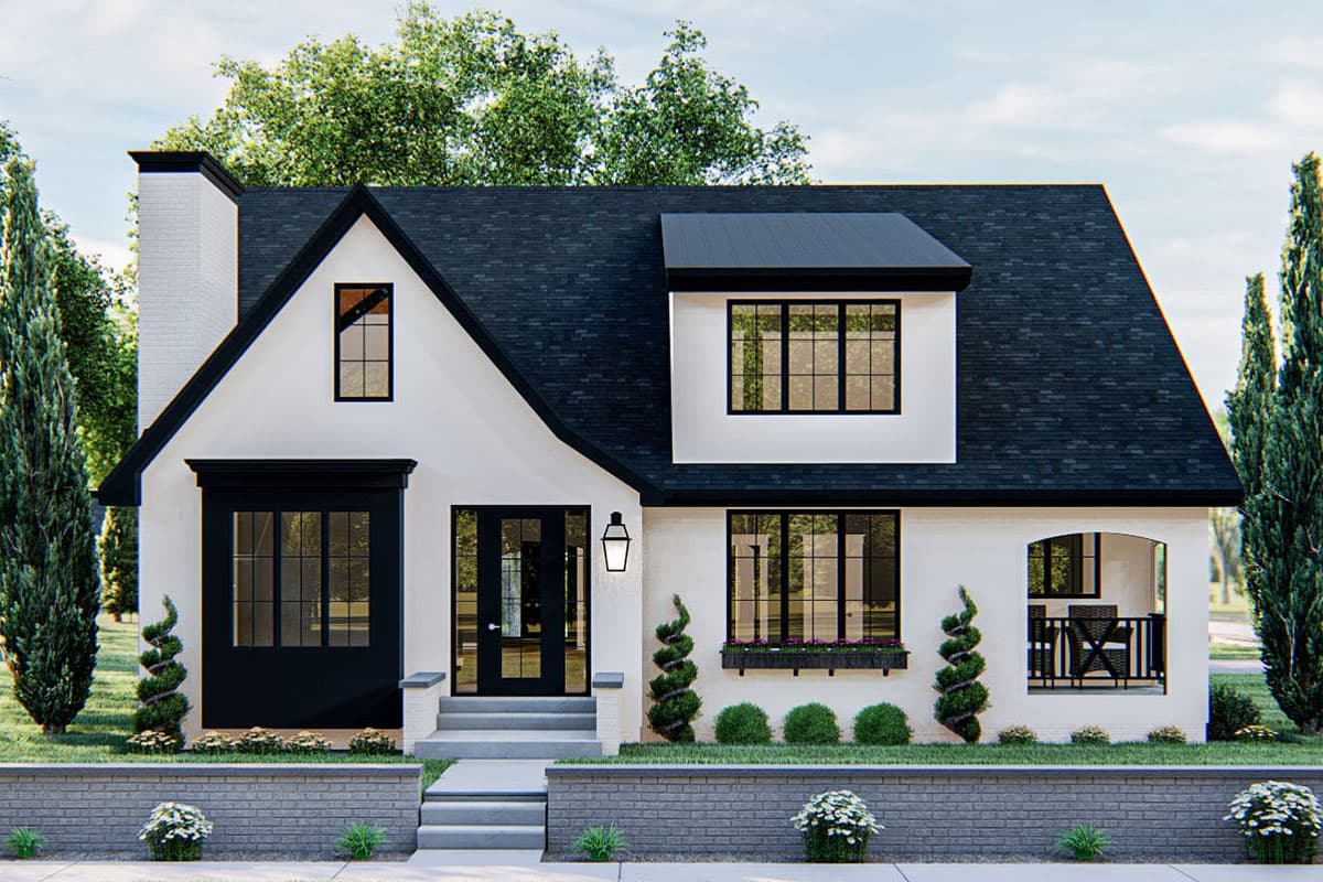 House plan exterior featuring a two-story cottage style with gabled roof, dormer, and enclosed porch.