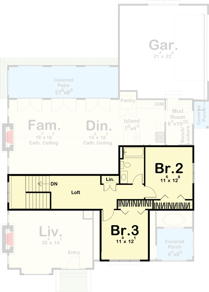 Plan 62870DJ: Modern Cottage House Plan with Cathedral Ceiling in Family Room - 2369 Sq Ft - Floor Plan - 2nd Floor - Cottage, Country, New American, Traditional, Transitional