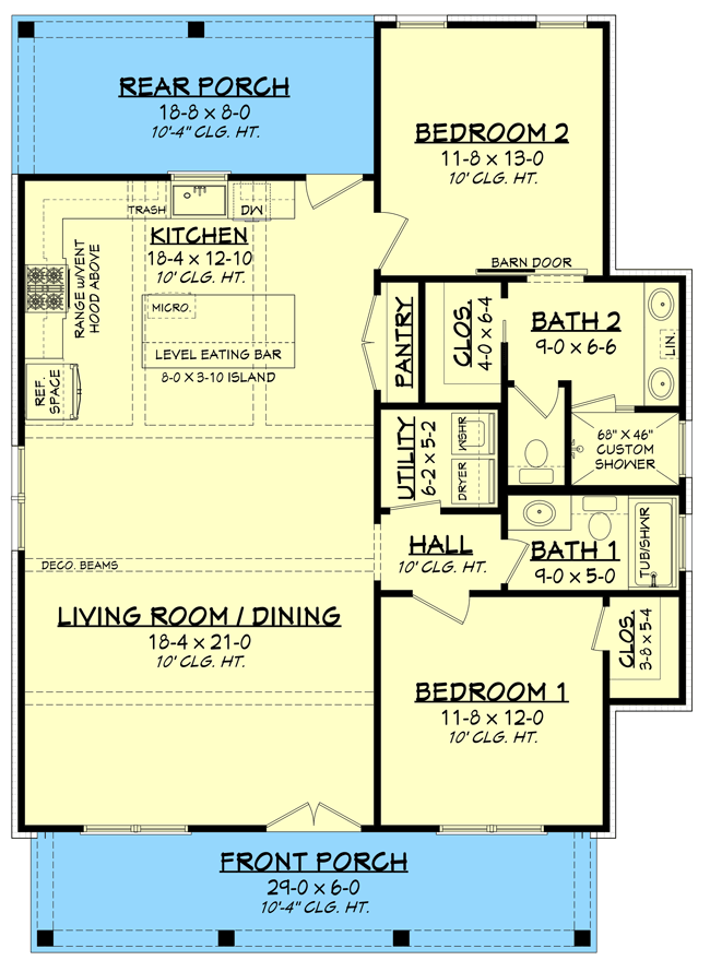 Plan 51835HZ: 2-Bed Cottage House Plan with Porches Front and Back - 1257 Sq Ft - Floor Plan - Main Level - Cabin, Cottage, Country, Craftsman, Farmhouse, Modern Farmhouse, New American, Traditional, Vacation