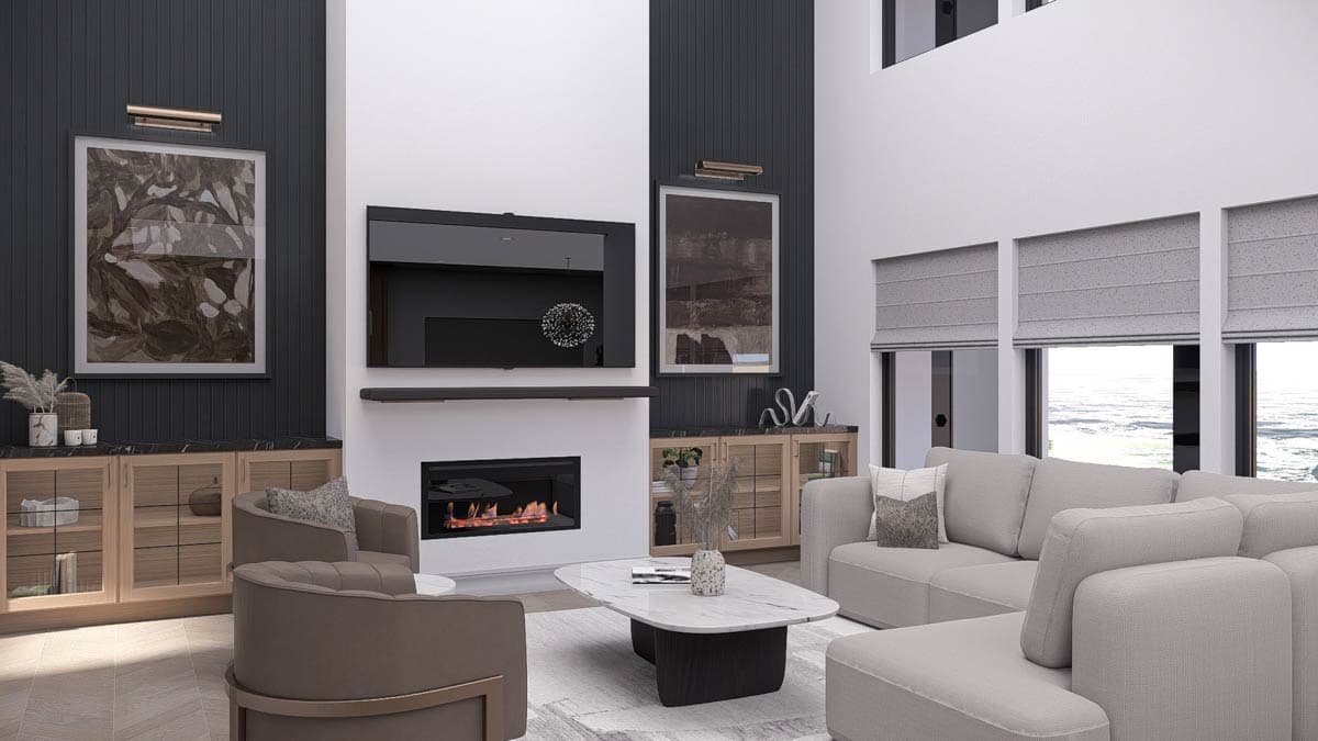 Modern living room with fireplace, mounted TV, and stylish furniture. Two artworks flank the TV, a large sectional sofa faces windows with blinds.
