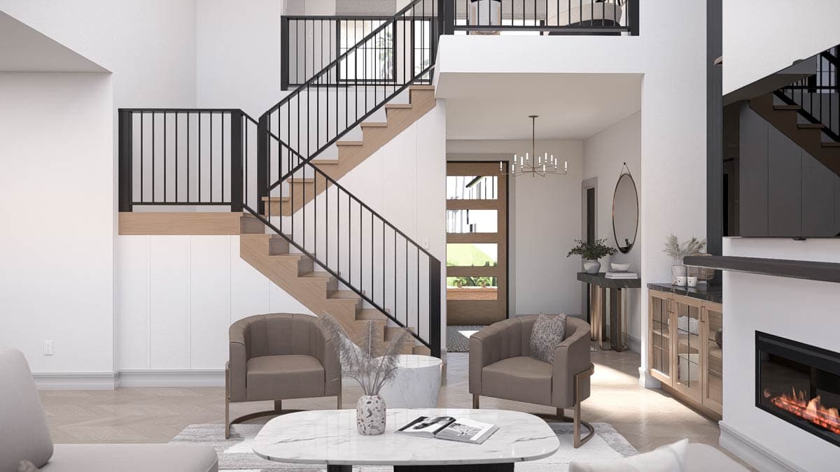 Modern interior with a staircase, two armchairs facing each other near a marble table, and a fireplace in a bright, spacious living area.