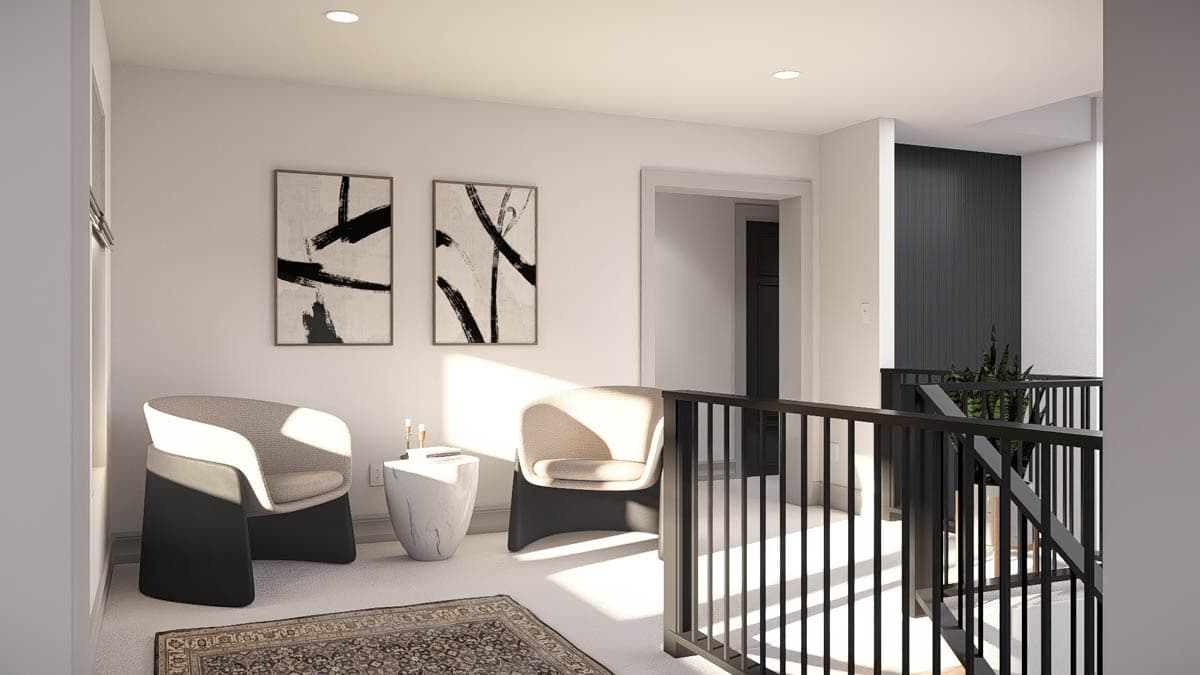 A modern interior featuring two armchairs, abstract art, and a small table on a rug. A black railing and a doorway lead to other areas.