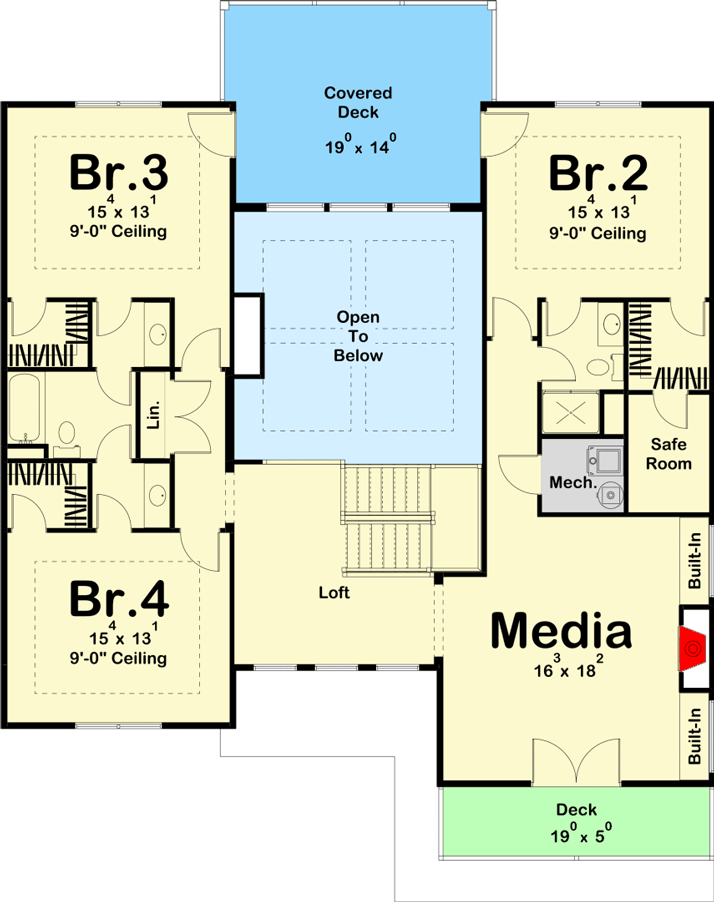Plan 62871DJ: Modern Prairie Style House Plan with Second Floor Deck - 3357 Sq Ft - Floor Plan - 2nd Floor - Coastal, Mid Century Modern, Modern, Northwest, Prairie