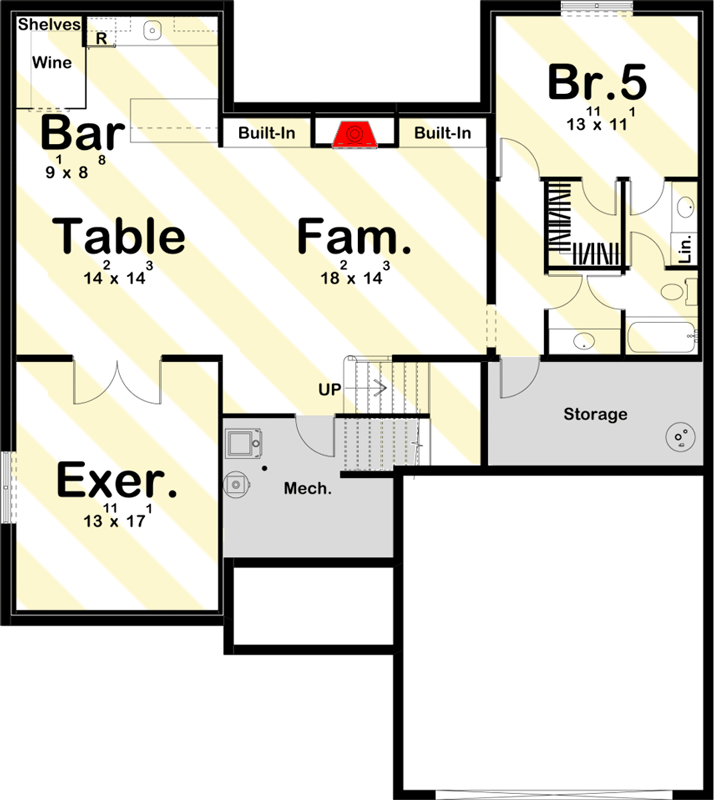 Plan 62871DJ: Modern Prairie Style House Plan with Second Floor Deck - 3357 Sq Ft - Floor Plan - Lower Level Layout ($ Paid Option) - Coastal, Mid Century Modern, Modern, Northwest, Prairie