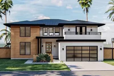 Modern Prairie Style House Plan with Second Floor Deck - 3357 Sq Ft
