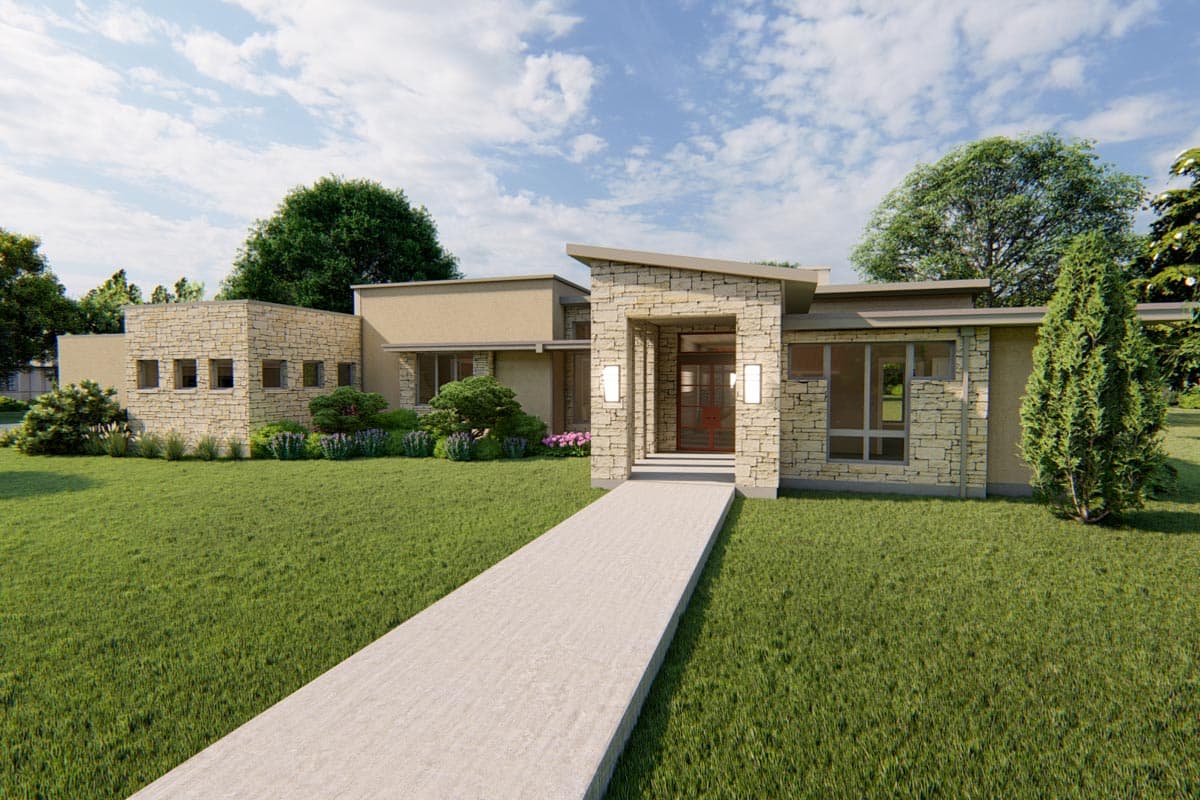 House plan exterior. Modern style, single story. Features include stone facade, flat roof, entry portico, and large windows.