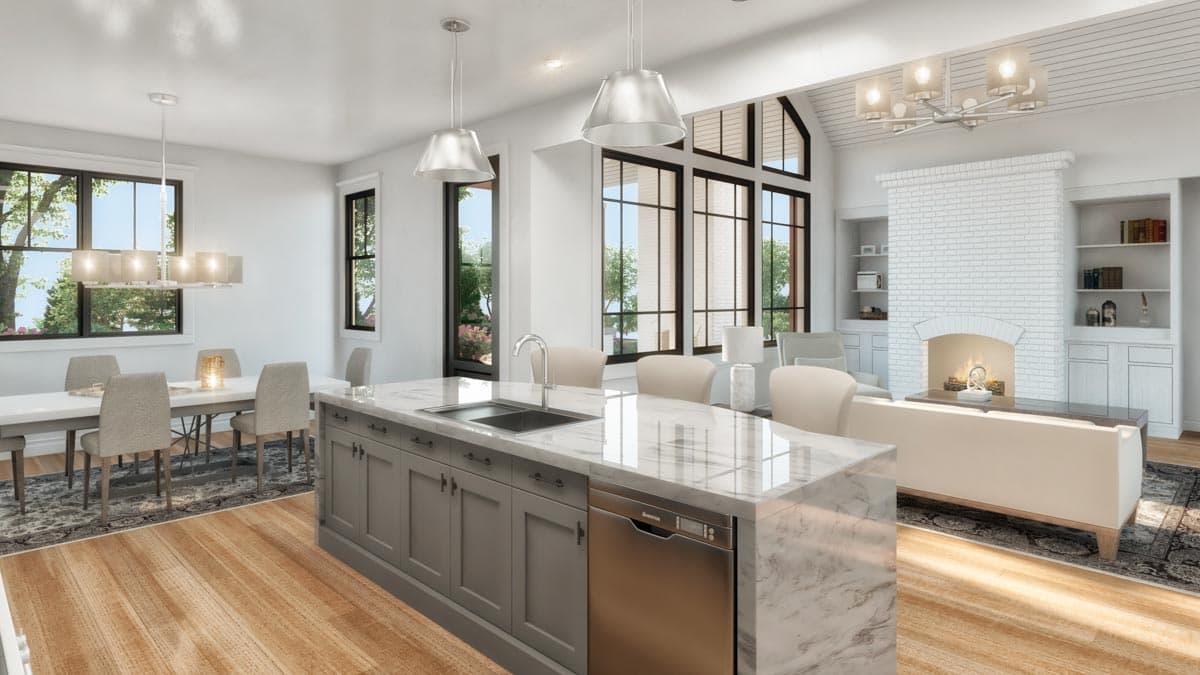 Open concept kitchen and great room with island, fireplace, vaulted ceiling, and large windows.