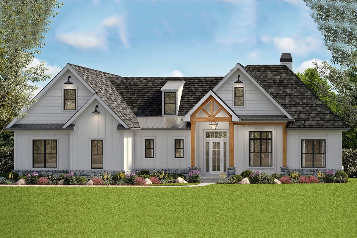 House plan exterior in a farmhouse style. One-story home with gables, dormers, and a covered porch with exposed beams.