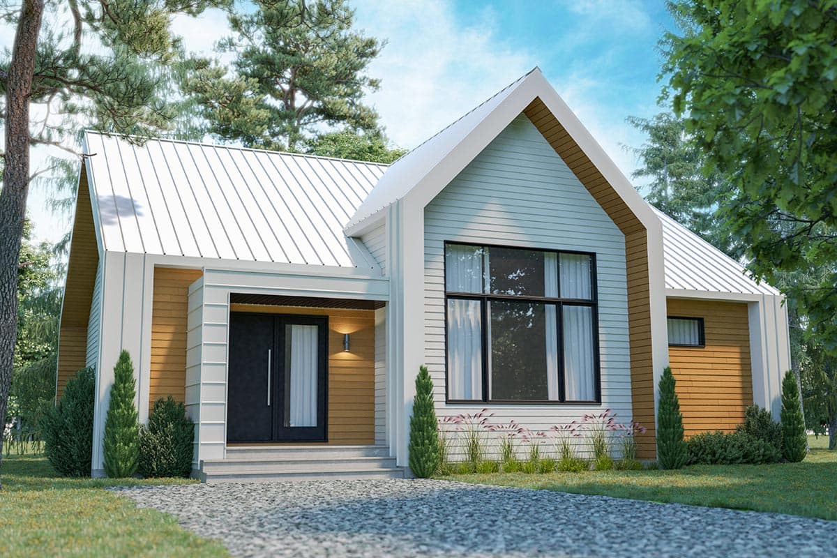 House plan exterior: Modern style, one-story with pitched metal roof, gabled entry, and mixed siding.