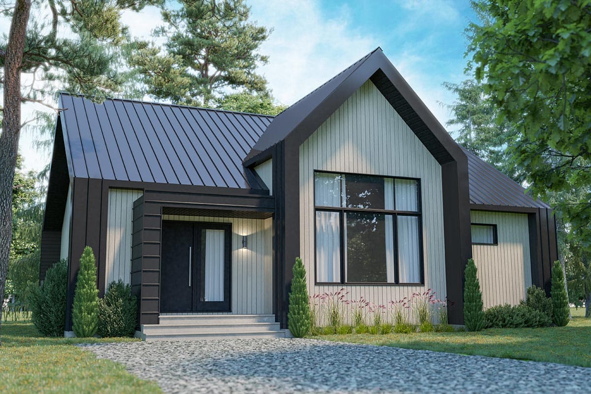 Modern house plan exterior with a standing seam metal roof, vertical siding, covered entry with double doors, and large windows.