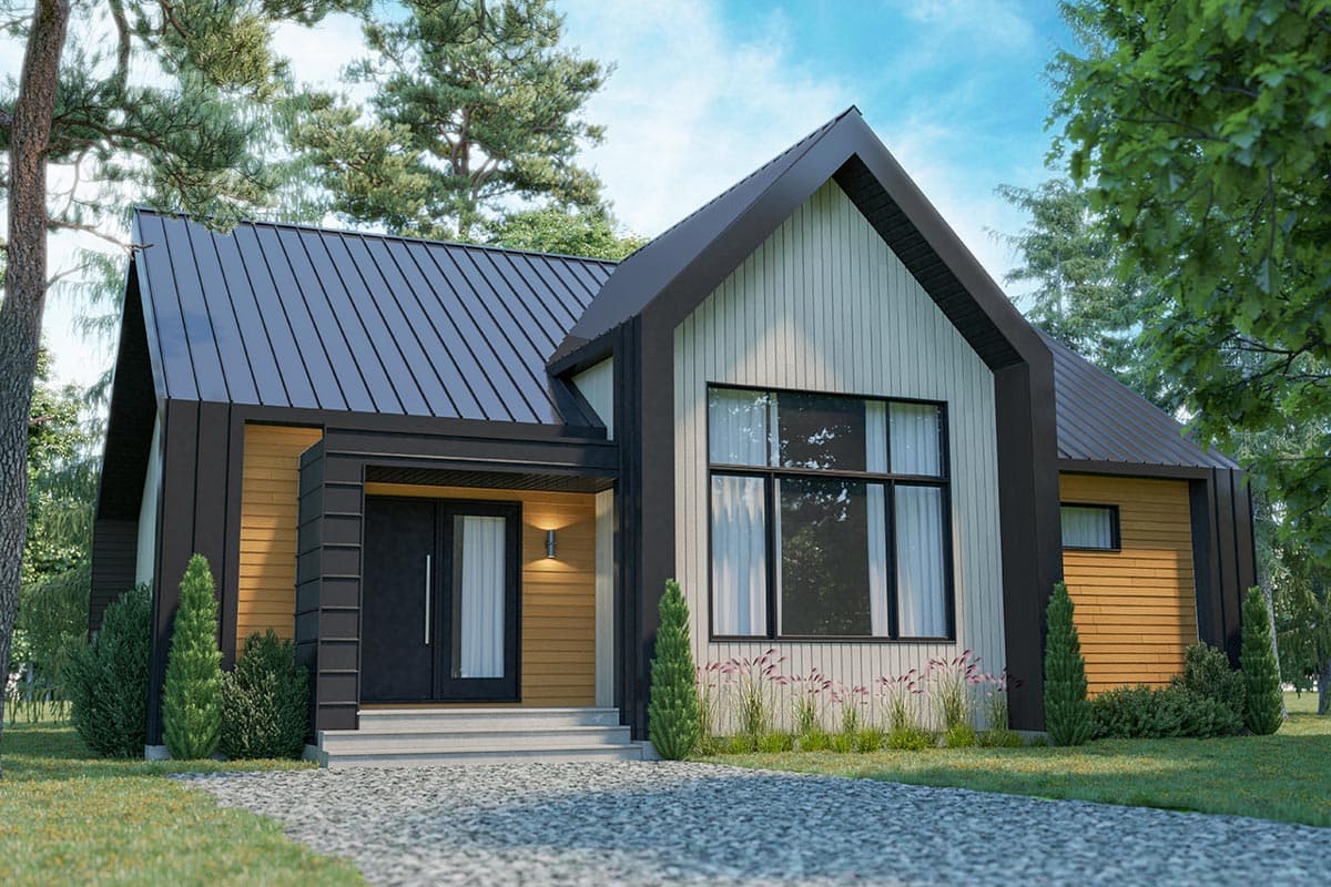 House plan exterior with modern style, one story, and a gabled roof. Features include a covered entry, dark trim, and a metal roof.