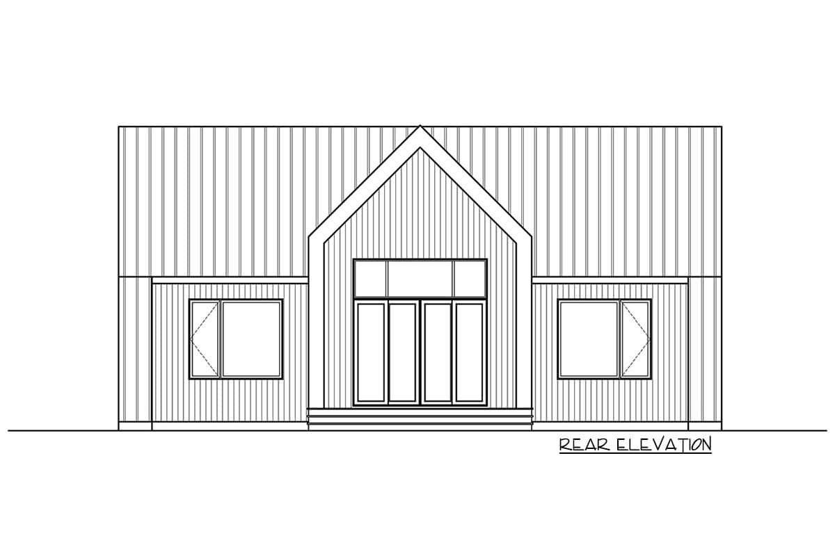 Rear elevation drawing of a house plan with a central gable, double doors, and two side windows.