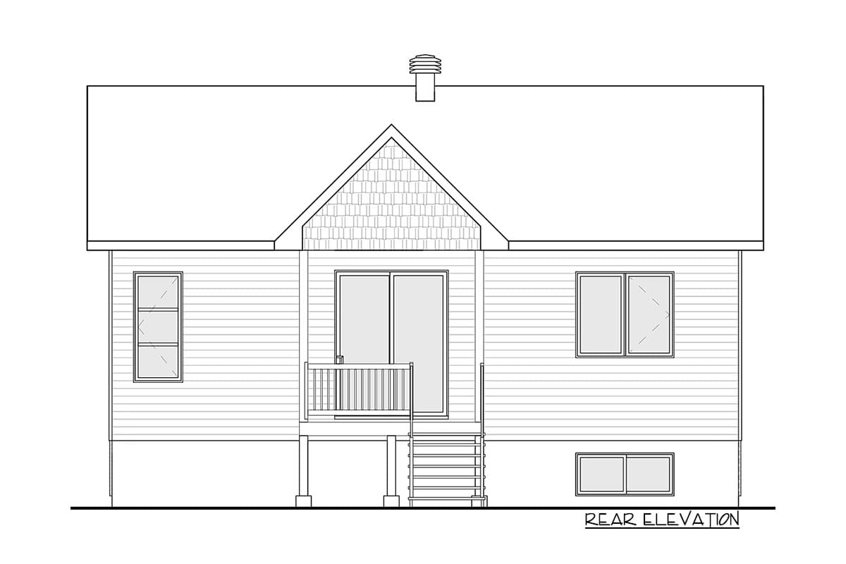 Rear elevation of a house plan showing a gable with shingles, a balcony with a sliding door, and multiple windows.
