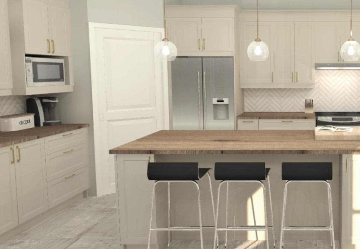 Kitchen rendering with cream cabinets, stainless steel refrigerator, island with bar stools, and subway tile backsplash.