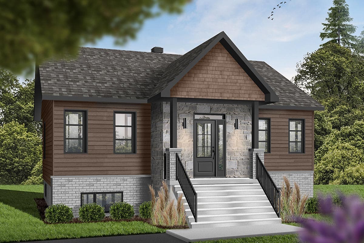 House plan exterior with stone and wood siding, covered porch, and gable roof. Features include a front entry with steps and accent lighting.