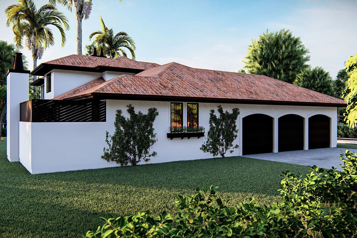 House plan exterior with tile roof, stucco walls, chimney, privacy screen, and three-car arched garage.