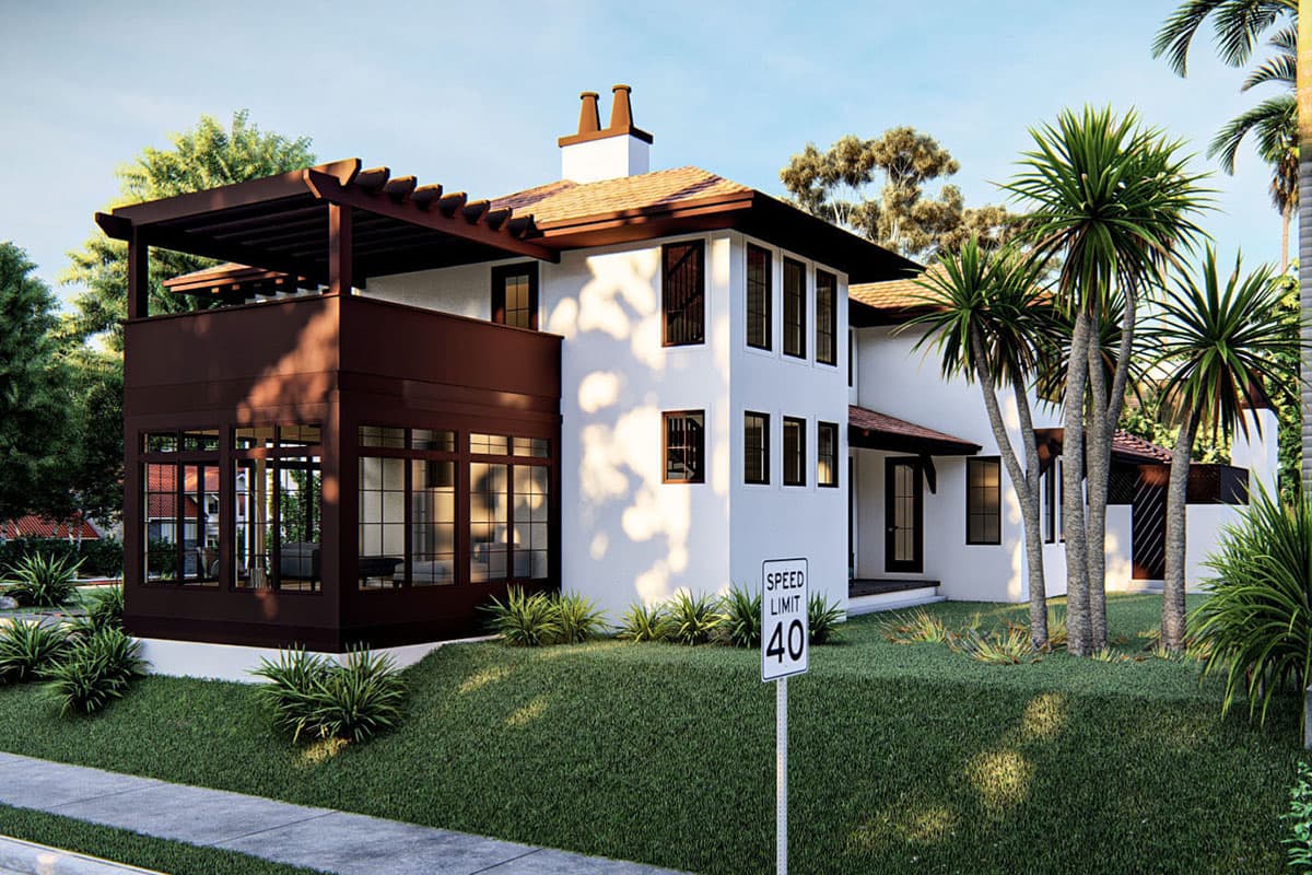 House plan exterior: Two-story modern home with a covered pergola, enclosed sunroom, and tile roof.