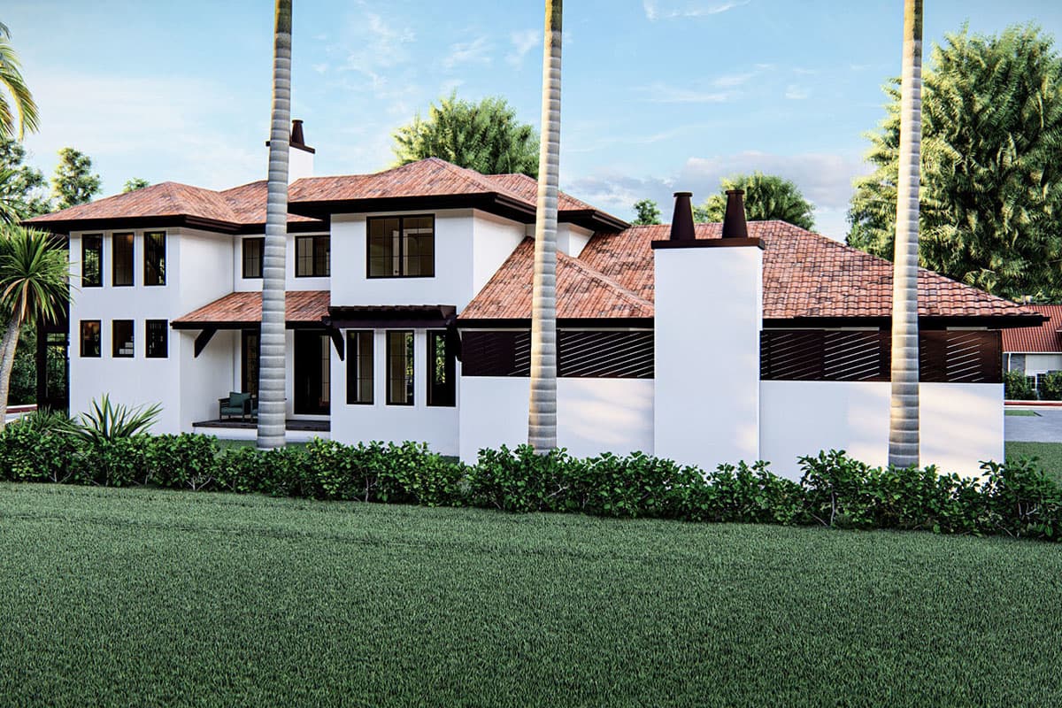 House plan exterior: Two-story contemporary home with red tile roof, white stucco walls, prominent chimneys, and dark-framed windows.