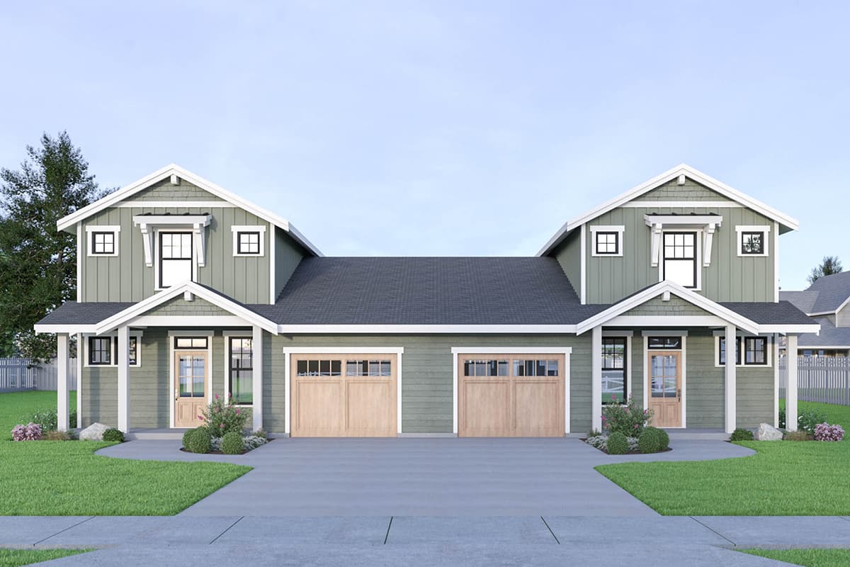 House plan exterior. Two-story Craftsman style home with gabled roof, dormers, and two-car garage. Porch over entry with columns.