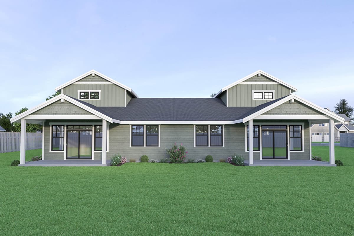 Modern Farmhouse house plan exterior with symmetrical gables, dormers, and covered porches.