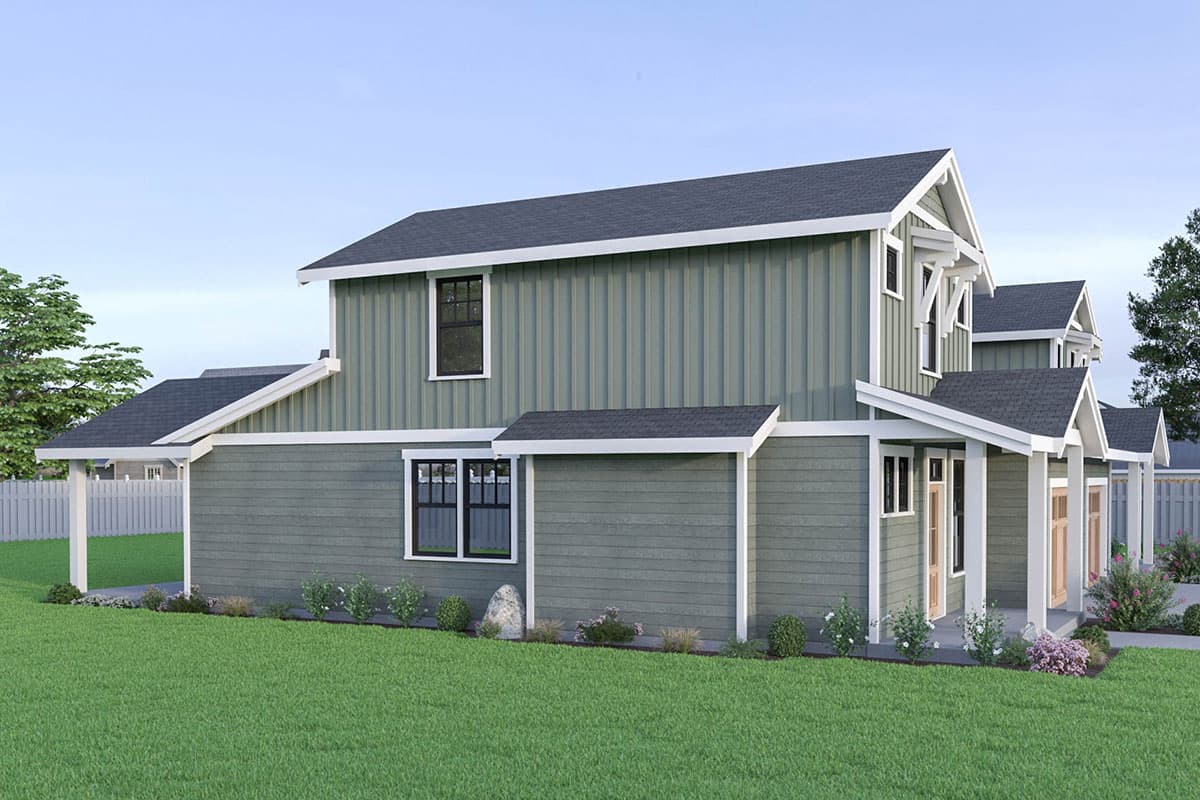 House plan exterior: Two-story home with a Modern Farmhouse style, standing seam siding, gables, and a covered front porch with columns.