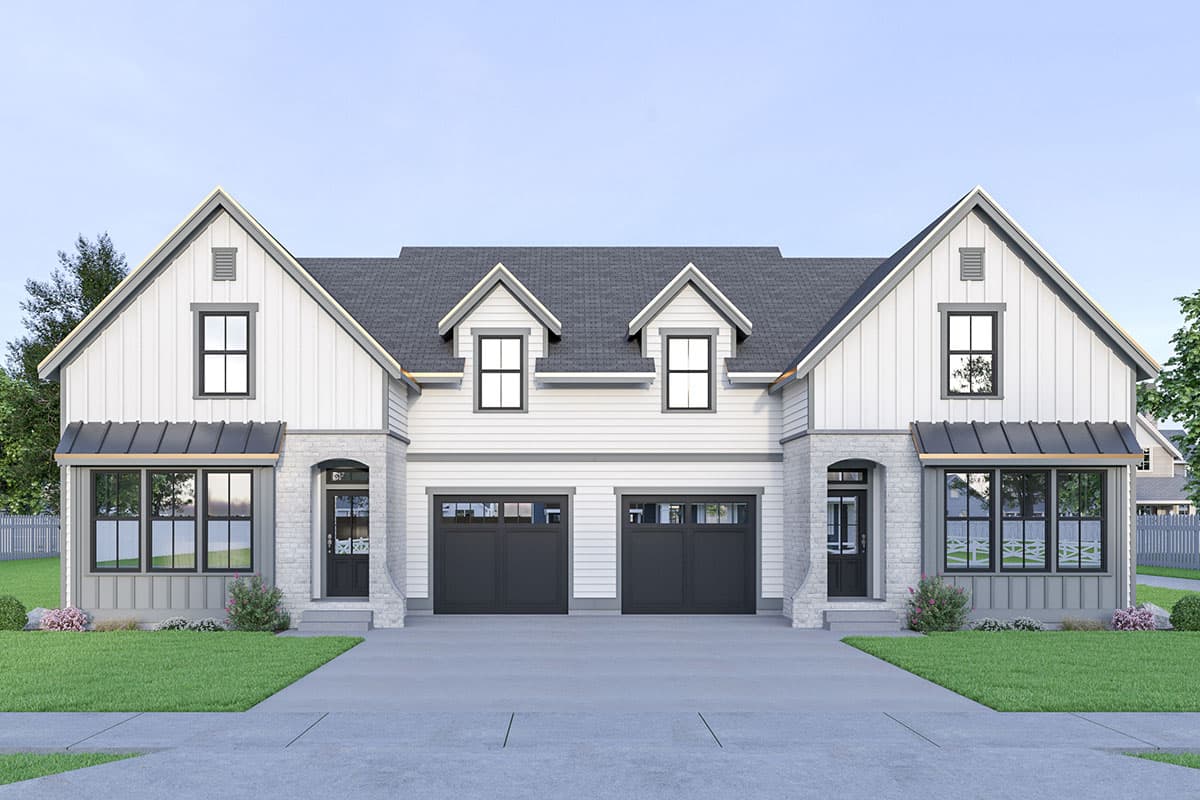 House plan exterior featuring Modern Farmhouse style with two stories, gabled rooflines, stone accents, and two garage bays.