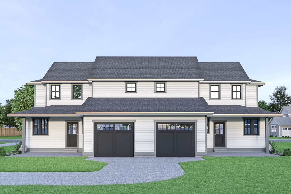 House plan exterior: two-story Modern Farmhouse with symmetrical design, two garages, and covered entryways.
