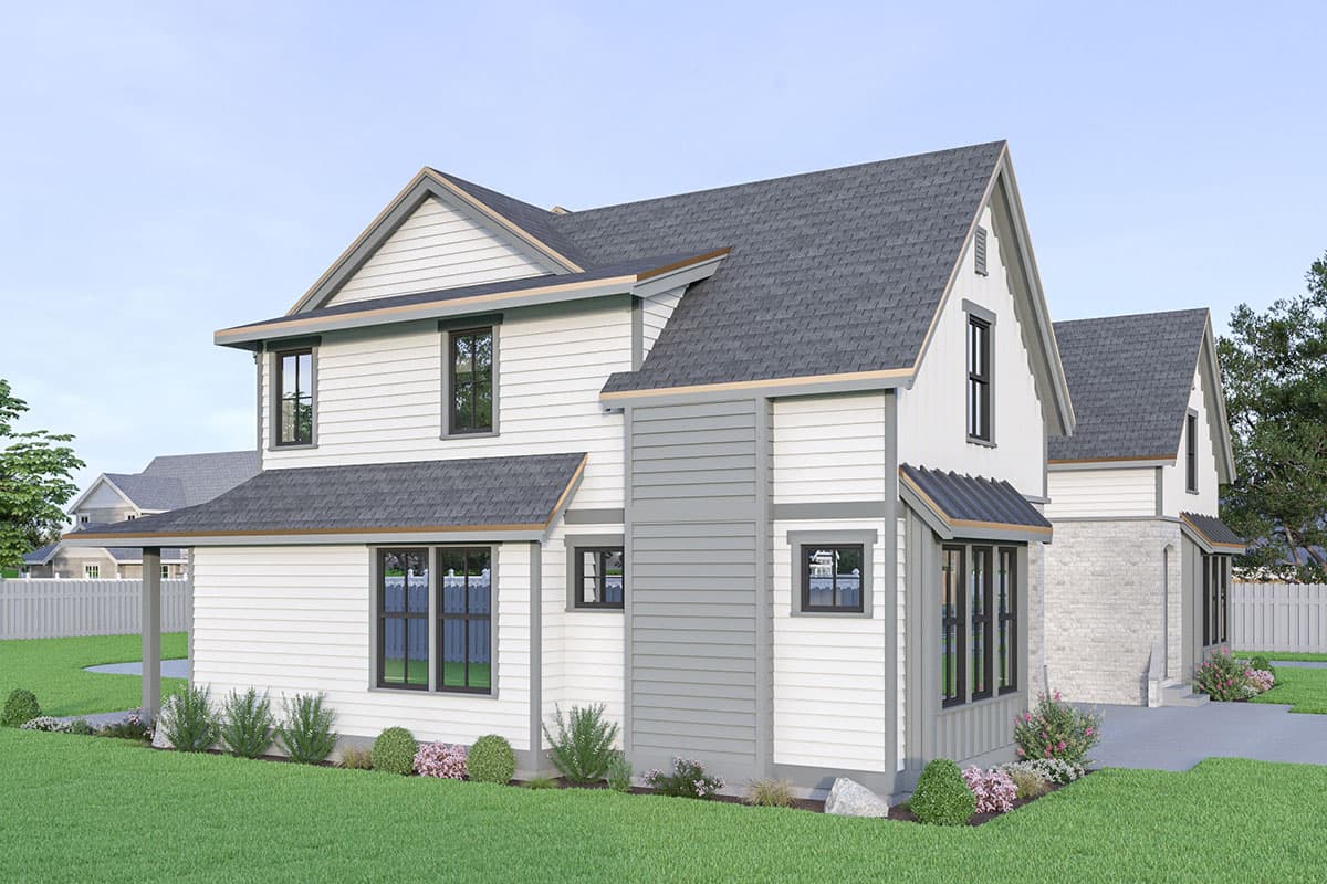 House plan exterior: Two-story home with gables, vinyl siding, stone accents, and a covered porch.