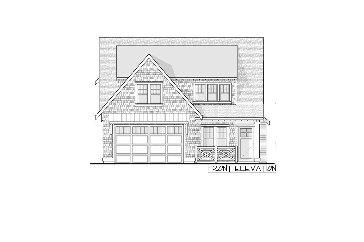 Front elevation of a two-story house plan with a dormer, gabled roof, covered garage, and small front porch.