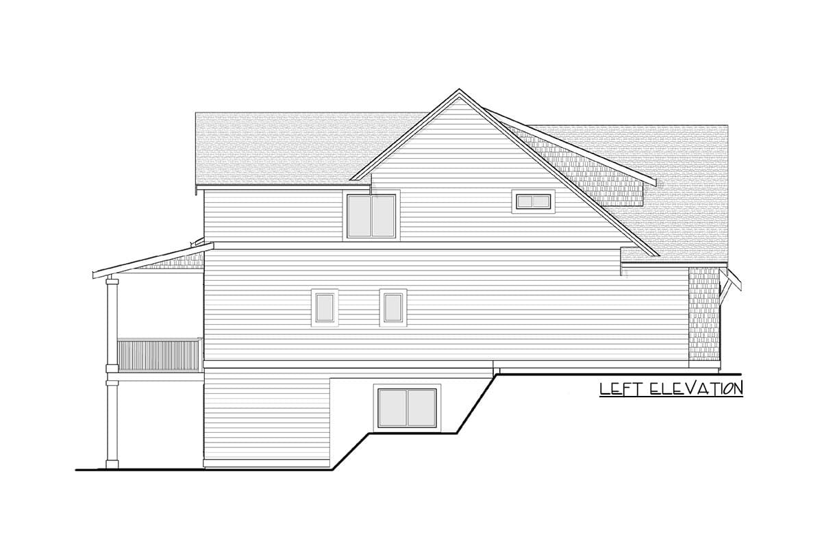 Left elevation house plan showing multiple stories, gabled rooflines, lap siding, and a covered porch.