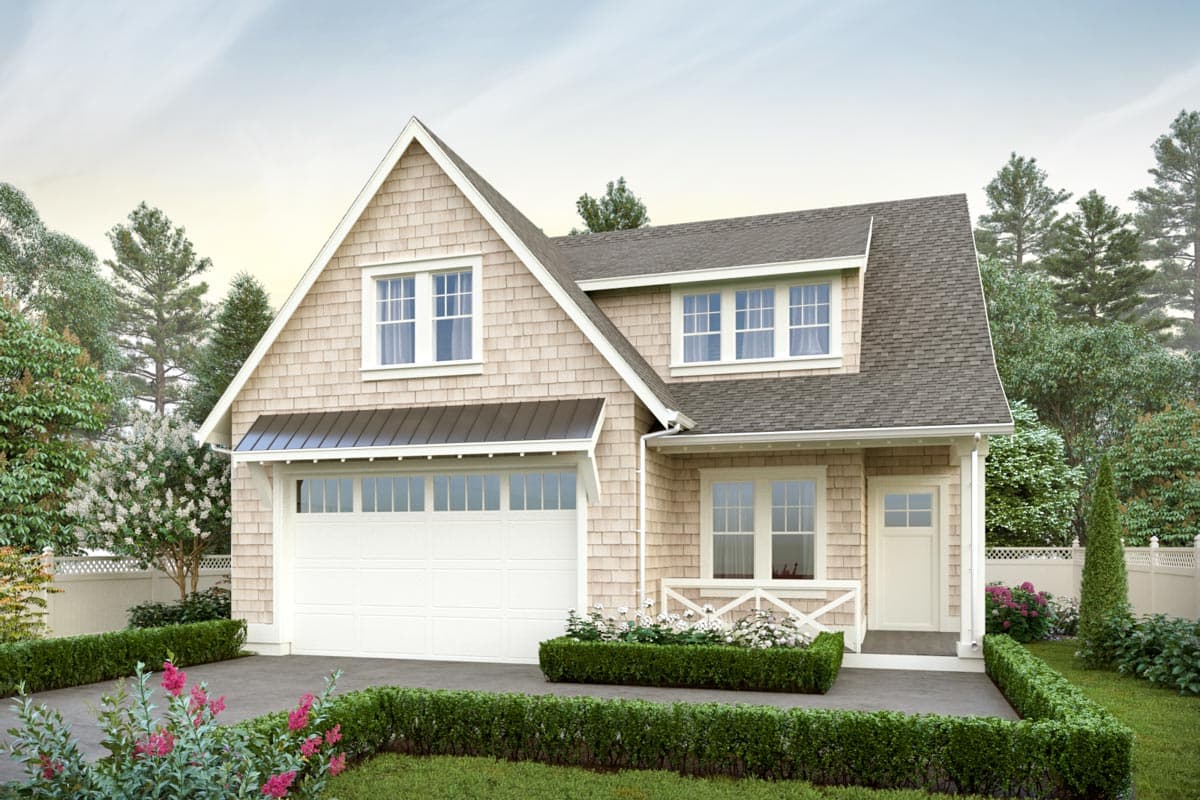 House plan exterior. Two-story Craftsman home with a gabled roof, dormer, and attached garage. Includes a porch with a small railing.