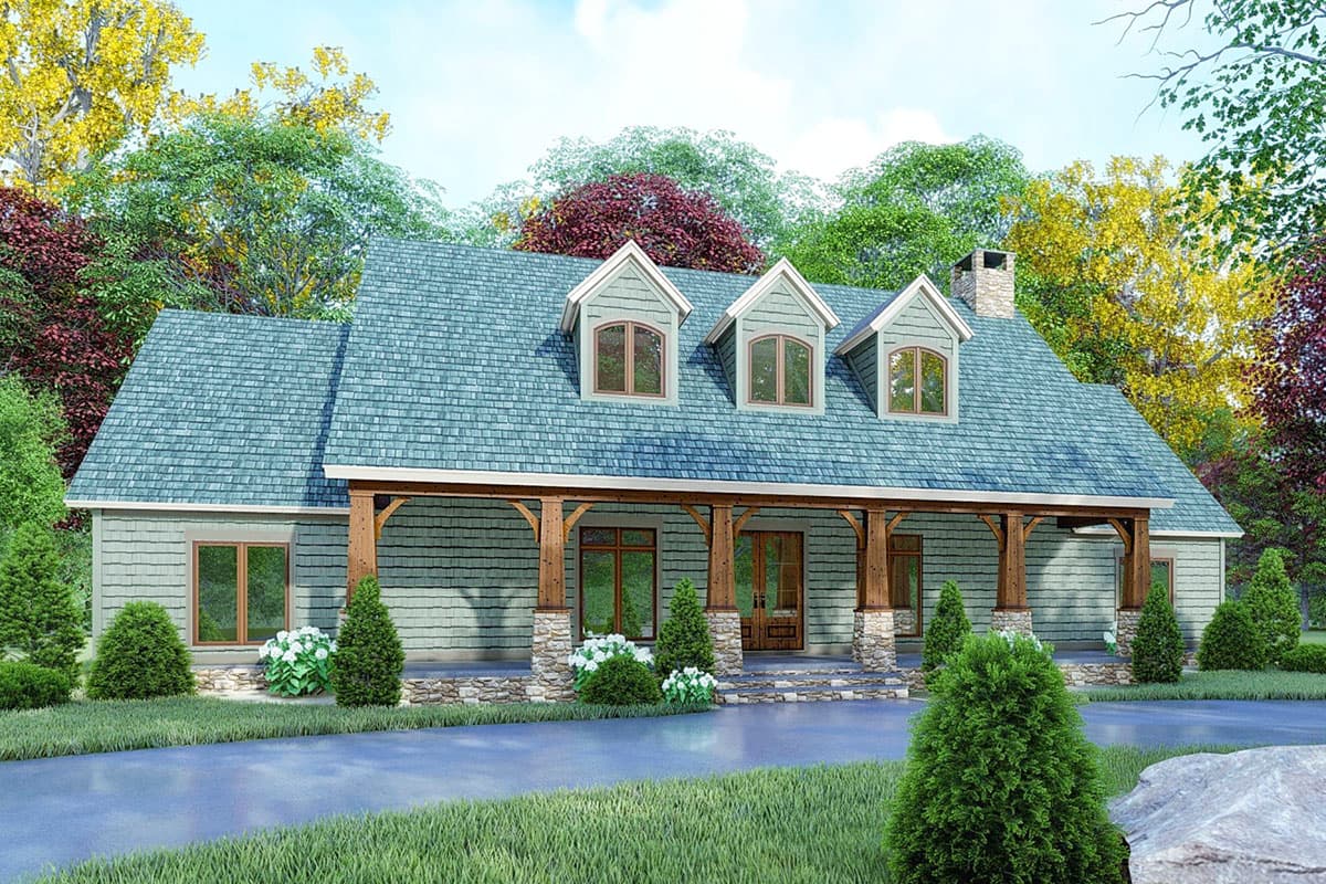 House plan exterior with Craftsman style, single story, and a full-length covered porch. Features include three dormers and a gabled roof.