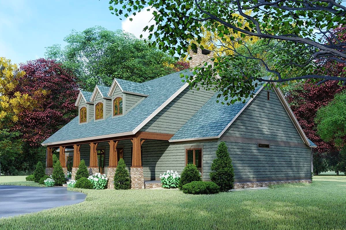 House plan exterior: Two-story lodge-style home with wrap-around porch, stone accents, and three gabled dormers.