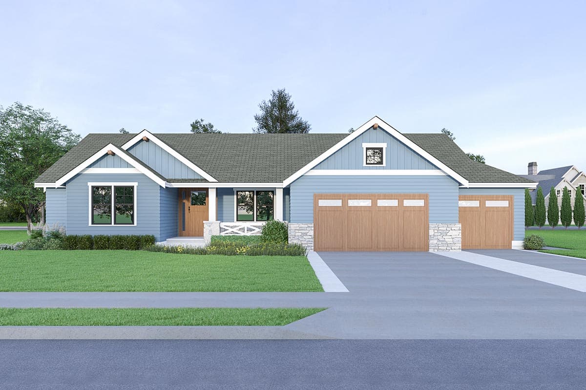 House plan exterior. Ranch style with a front-facing gable, a covered porch, and a two-car garage. Features stone accents and dormer.