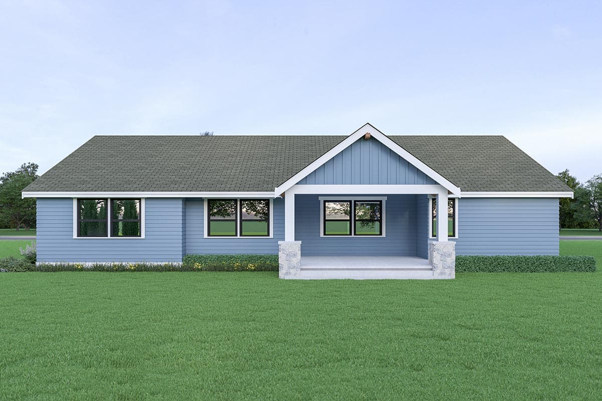 One-story house plan exterior with a covered front porch supported by stone-accented pillars, gable dormer, and horizontal siding.
