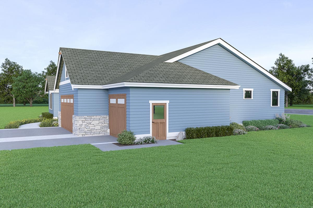 House plan exterior: Single-story Modern Farmhouse with two garage doors, stone accents, and a side entry door.