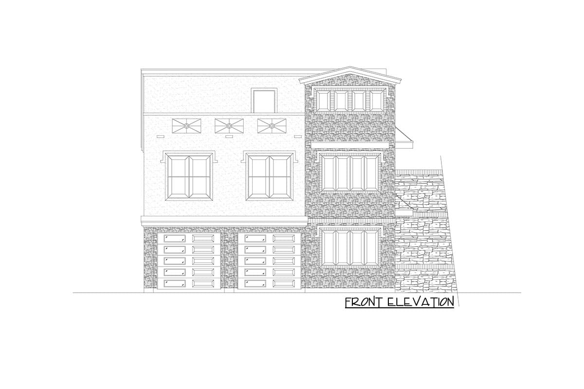 Front elevation drawing of a multi-story house with stone accents, multiple windows, and three garage doors.
