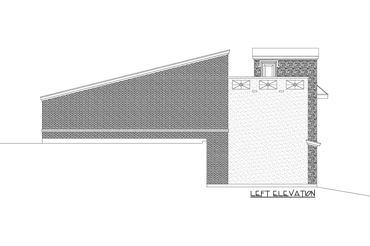 Left elevation drawing of house plan with sloped roofline, brick facade, and stone accent wall with decorative railing.