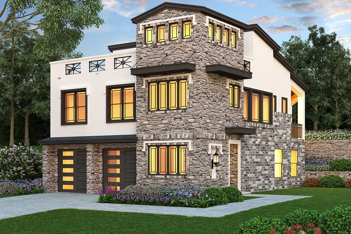 House plan exterior featuring a multi-story design with stone facade, garage, and multiple gabled rooflines.