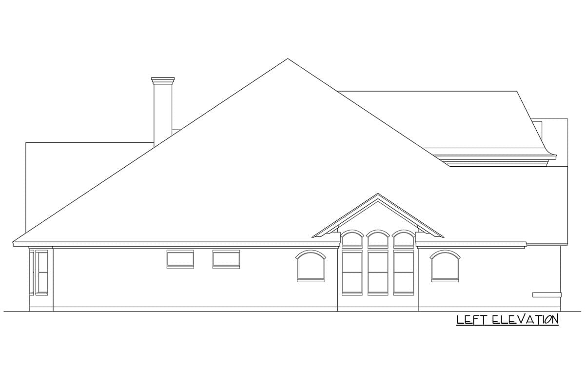 Left elevation house plan drawing featuring a large roof slope, chimney, and arched and rectangular windows.