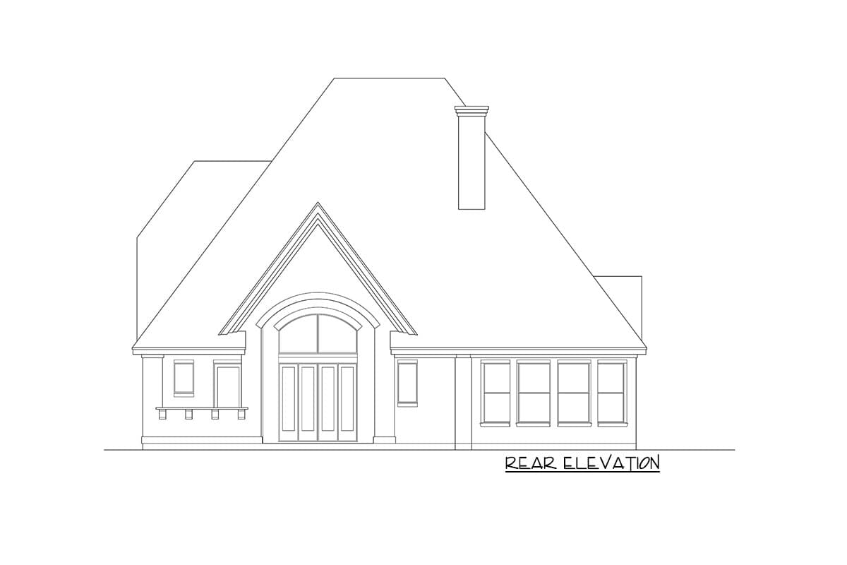 Rear elevation house plan with arched entryway, multiple windows, and prominent rooflines.